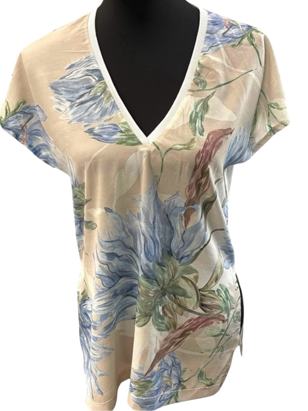 Zara Off White with Blue/Green Large Floral Print Front Short Sleeve Top (S)